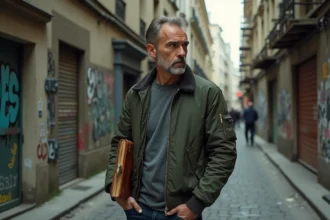 Portrait de réalisateur urbain français dans une ruelle parisienne avec street art en arrière-plan