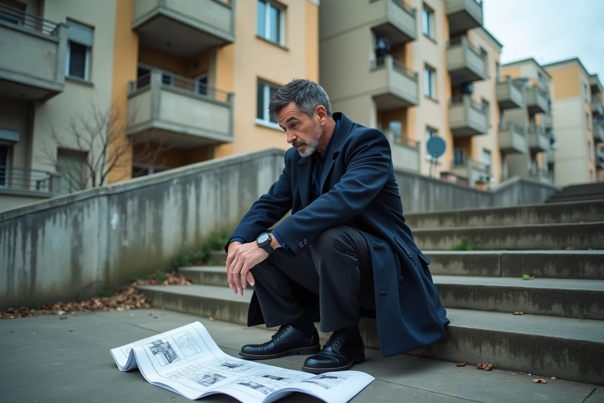 Réalisateur de cinéma urbain étudiant des storyboards devant une cité HLM en banlieue française