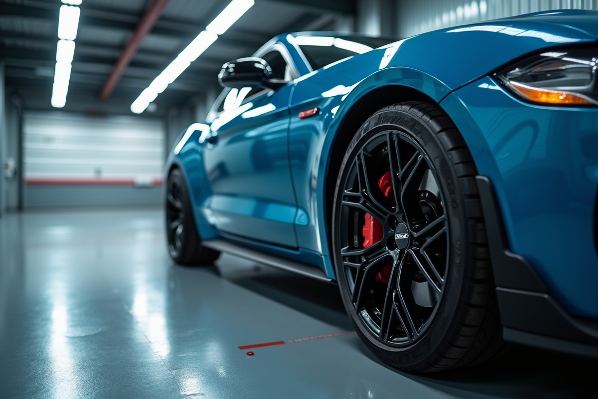 Voiture sportive dans un garage lumineux avec pneus visibles