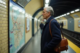 Un voyageur parisien consulte le plan du métro de Paris affiché sur le mur d'une station souterraine en 2026