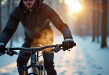 VTT en hiver dans la forêt avec gants chauffants