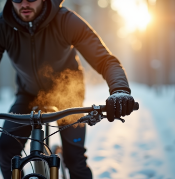 VTT en hiver dans la forêt avec gants chauffants