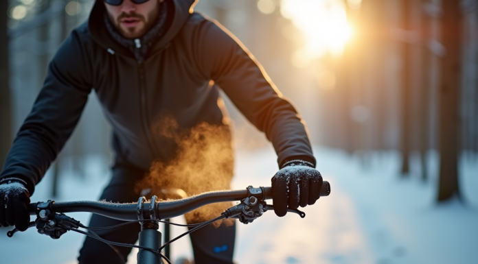VTT en hiver dans la forêt avec gants chauffants