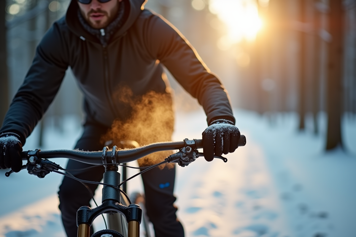 VTT en hiver dans la forêt avec gants chauffants